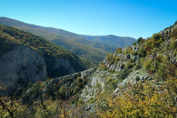 Sharp cliffs of mountains of South Coast of Crimea near Yalta, Russia
