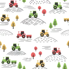 Behang Auto Naadloze kleurrijke patroon met doodle tractoren.
