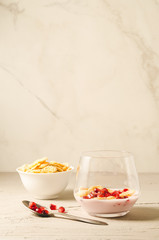 Homemade yogurt with pomegranate and flakes/Homemade yogurt with pomegranate and flakes on a white background with copy space