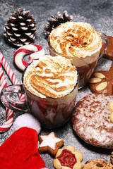 Hot chocolate cocoa with whipped cream for xmas on table