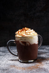 Hot chocolate cocoa with whipped cream for xmas on table