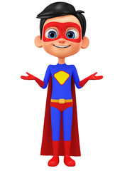 Cartoon character boy in a super hero costume shrugged on a white background. 3d rendering. Illustration for advertising.