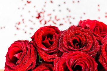 Beautiful bouquet of red roses, love and romance concept