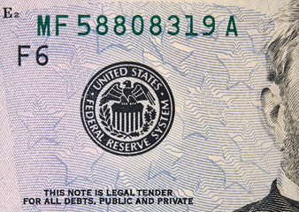Federal Reserve System Seal on the US 50 dollar bill close up, United States currency.