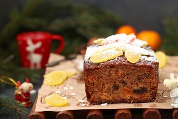 Christmas fruitcake with candied fruits and dried fruit