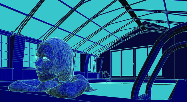 girl resting in the border of an indoor swimming pool illustrated in wire-frame style