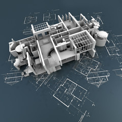 Roofless building on top of blueprints