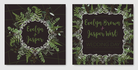 Set for wedding invitation, greeting card, save date, banner. Vintage frame with green fern leaf, boxwood, brunia and eucalyptus. Isolated on brown background