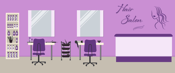 Hair salon interior in a purple color. Beauty salon. There are tables, chairs, mirrors and shelves with hairdressing accessories in the image. There is woman's silhouette and text Hair Salon on a wall