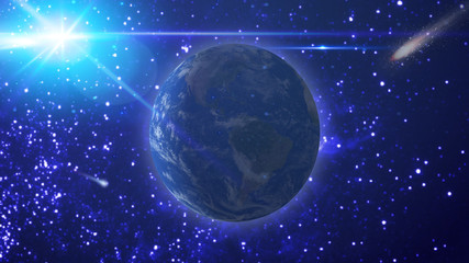 View of the earth, the sun and the flying comet against the starry sky