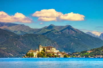 Orta Lake landscape. Orta San Giulio village and island Isola S.Giulio view, Italy