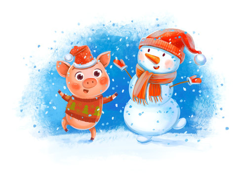 Funny Pig and Snowman