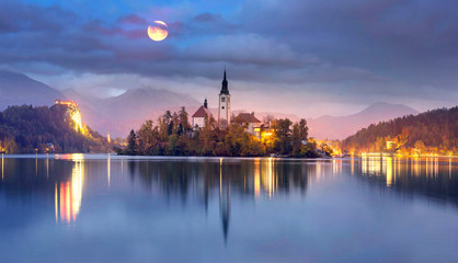 Night and morning on Lake Bled