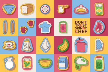 Kitchen utensils and cooking scrapbook stickers, patches, with food and tableware vector illustration. Cartoon elements for preparing dishes. Don t trust skinny chef banner.
