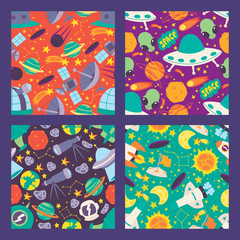 Space seamless pattern. Planets, moon, satellites, rockets and stars. Cartoon alliens and UFO spaceship icons vector illustration. Exploring space with telescope.