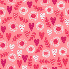 St. Valentine's Day seamless pattern with heart, leaves, daisy, flowers