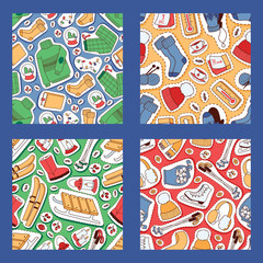 Winter stickers seamless pattern vector illustration. Ski, sleigh, skates. Warm sweater, socks, hat, boots.Low temperature. Hot drink in cup, book badges, patches and sticker