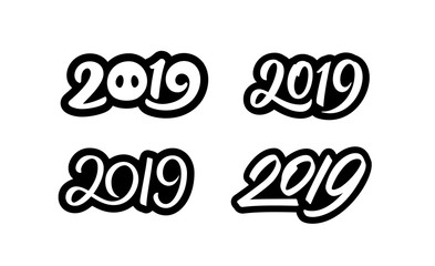 Happy New Year 2019. Set of calligraphy numbers for Chinese Year of the Pig. Text sticker or banner design collection isolated on white background. Vector illustration.