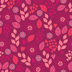 St. Valentine's Day seamless pattern with leaves, flowers and hearts