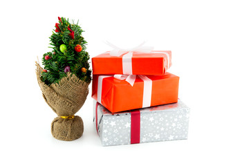 Many gift box white ribbon and tree isolated on white background, using for christmas and new year...