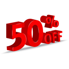 Sale. 50% off. Red inscription 3d isolated on white background. Vector illustration