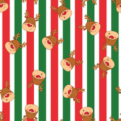 Seamless pattern of cute cartoon reindeer Rudolph on green geometric background. Christmas vector childish wrapping