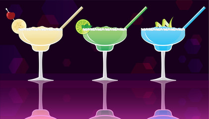 Margarita banana, green and blue on black and purple mirrored bokeh background. Vector illustration for web and print,  party invitation
