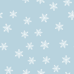 Snowflake seamless pattern. Snow on blue background. Merry Christmas holiday, Happy New Year celebration Vector illustration