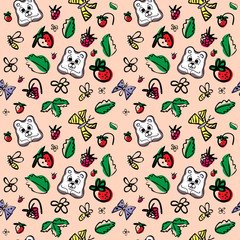 Vector seamless pattern with cute bear, berries,butterflies, bees, flowers and leaves on a peach background.Great for product design for kids. Hand drawn