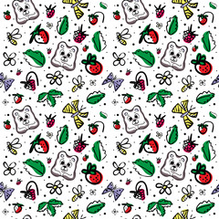 Vector seamless pattern with cute bear, berries,butterflies, bees, flowers and leaves on a white background. Great for product design for kids. Hand drawn
