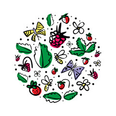Vector round illustration with berries, bees,butterflies, flowers and leaves on a white background. Great for product design for kids. Hand drawn