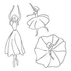 Set of silhouettes of dancing girls. Black outline without background. Isolated template.