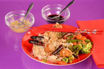 Spicy General Tsao Chicken Chinese Dinner with Very Hot Thai Peppers