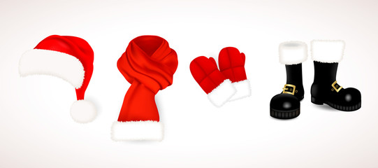 Collection of traditional red Santa Claus clothing, hat with fluffy fur pompon, scarf with snow, mittens and black boots isolated on white background. Vector illustration