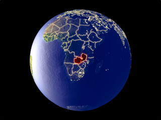 Zambia from space on model of planet Earth with city lights. Very fine detail of the plastic planet surface and cities.