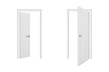 Vector Realistic Different Opened and Closed White Wooden Door Icon Set Closeup Isolated on White Background. Elements of Architecture. Design template of Classic Home Door for Graphics. Front View