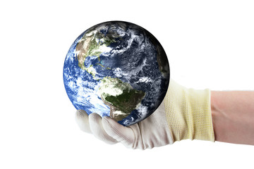 Planet Earth in the workers hand. Elements of this image furnished by NASA 