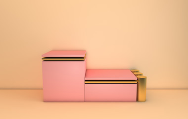 gold and pink geometric shapes, podium in the beige room