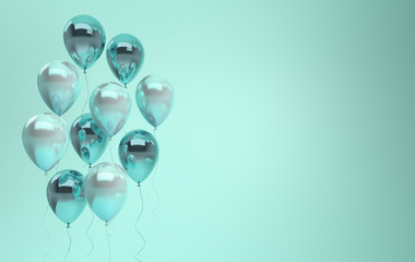 3d render illustration of realistic glossy green pearl balloons on pastel turquoise background. Empty space for birthday, party, promotion social media banners, posters. © Meranna