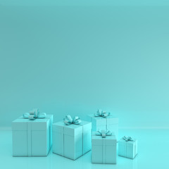 3d rendering of realistic turquoise gift box with ribbon bow on pastel studio background. Empty space for party, promotion social media banners, posters. Set of present boxes