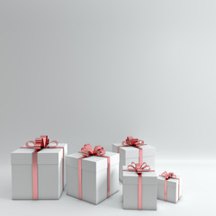 3d rendering of realistic white gift box with pink glossy ribbon bow on white studio background. Empty space for party, promotion social media banners, posters. Set of present boxes