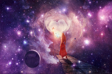 Young Abstract Digital Beautiful Woman In A Red Dress Going Through Another Dimension World Artwork © MoVille