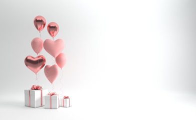 3d render illustration of realistic pastel pink and rose gold balloons and gift box with bow on white background. Empty space for party, promotion social media banners, posters. Heart shape balloons © Meranna