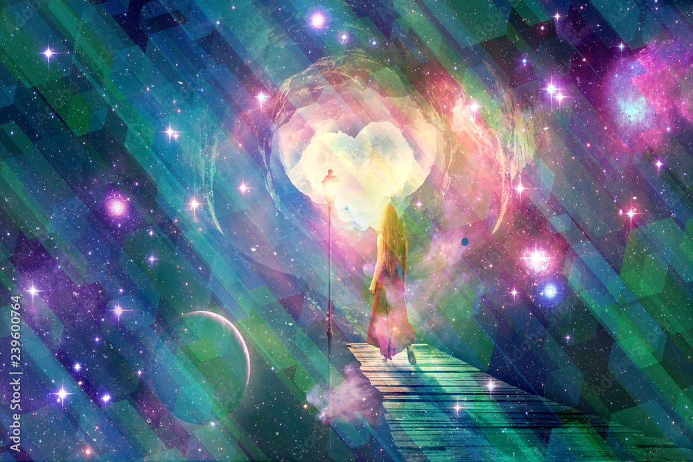 Poster abstract multicolored mirror effect on a digital abstract woman exploring galaxies artwork