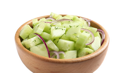 Delicious cucumber salad with onion in bowl on white background