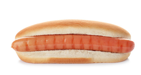 Fresh tasty hot dog on white background