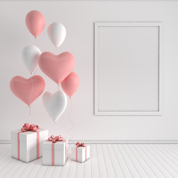 3d render interior with realistic balloons, mock up poster frame, gift box in the room. Heart shape balloons. Empty space for party, posters. Valentine's Day elegant card