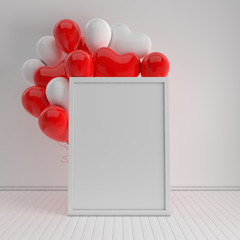 3d render interior with realistic  red and white balloons, mock up poster frame in the room. Heart shape balloons. Empty space for party, promotion social media banners, posters.