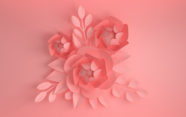3d render paper flowers with branches and leaves. Digital illustration, pastel colored paper flowers. floral composition background, wedding card, quilling, romantic bridal bouquet
