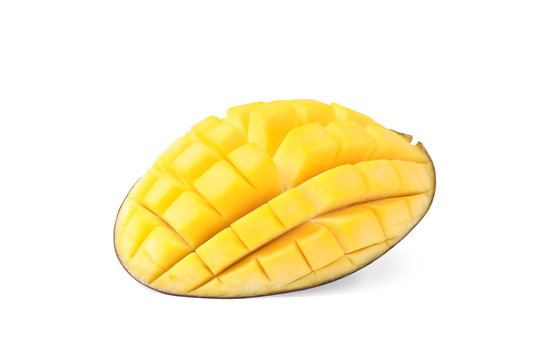 Fresh juicy mango half isolated on white